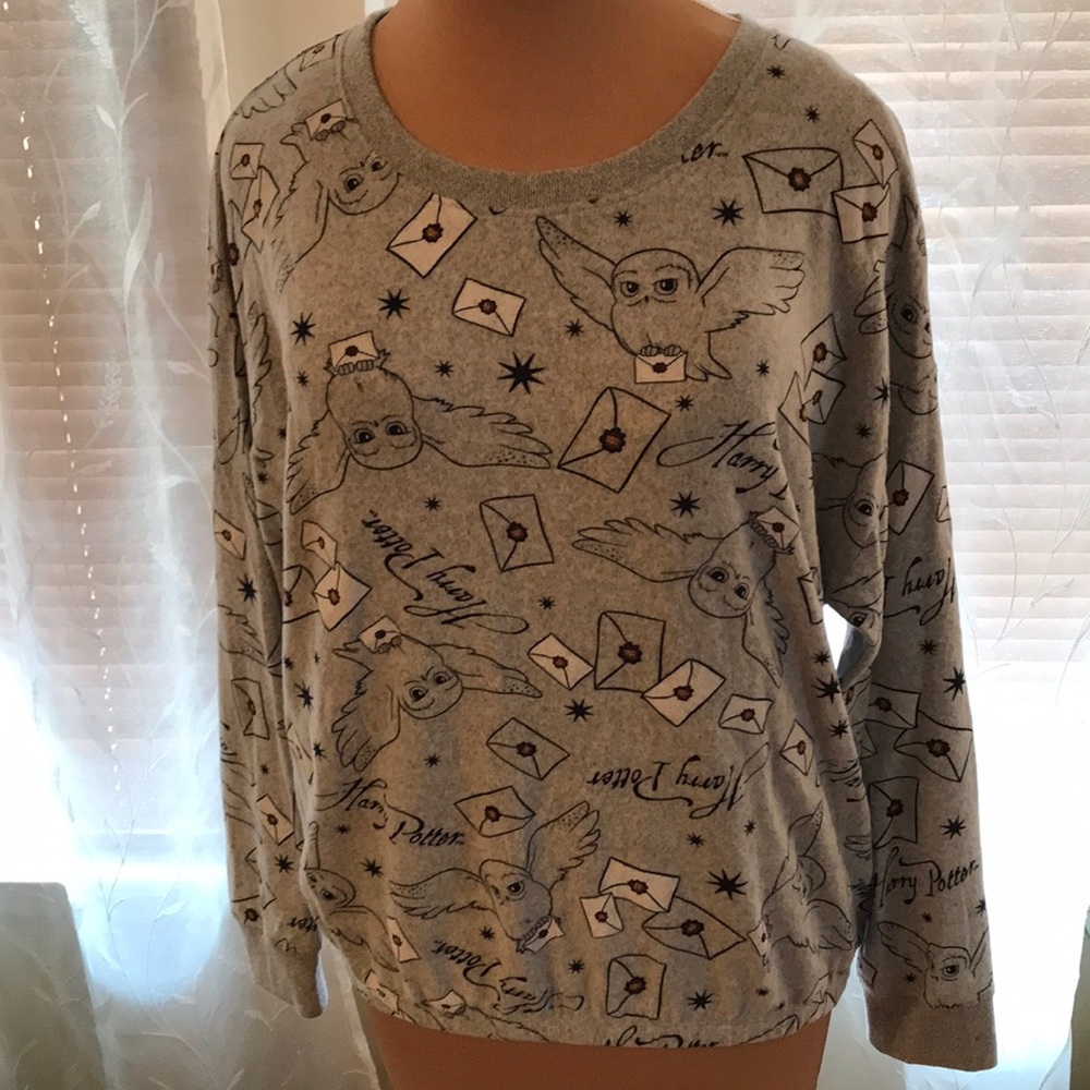 Peanuts Harry Potter Hedwig the owl long sleeve soft knit grey top